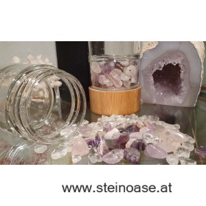 Glasflasche mit Amethyst + Rosenquarz + Bergkristall